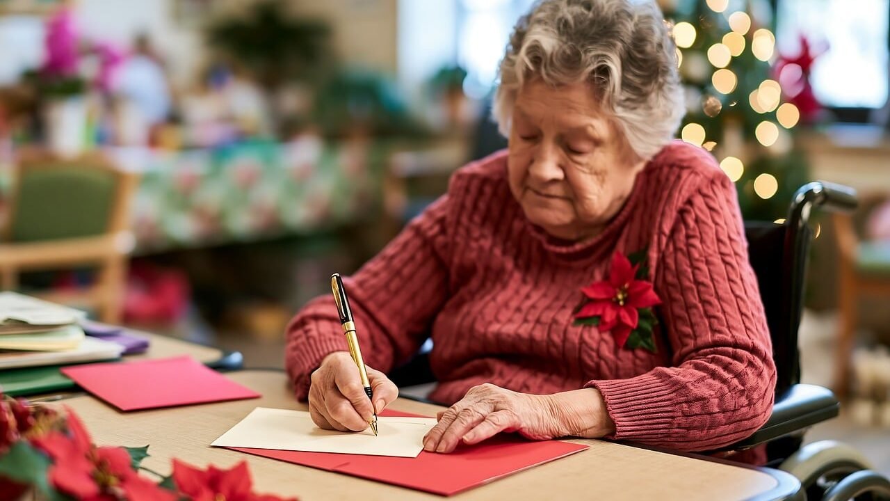 Ältere Frau schreibt am festlich gedeckten Tisch eine Weihnachtskarte